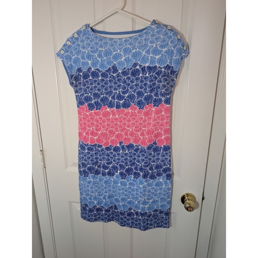 Talbots Petites Blue Pink Seashell Print Button Shoulder Knit Dress 100% Cotton‎
